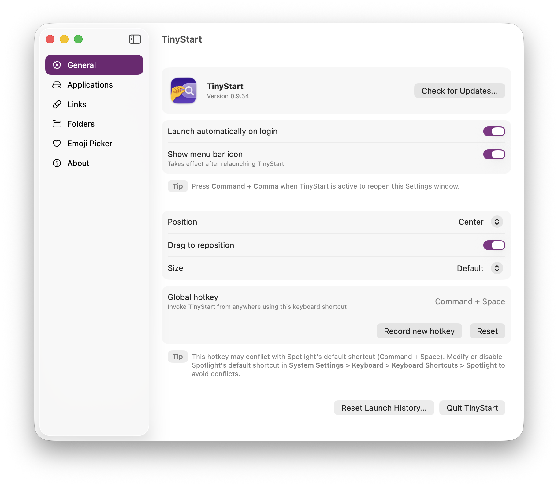 A screenshot of TinyStart's settings screen